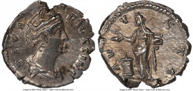 Diva Faustina Senior (AD 138-140/1). AR denarius (17mm, 6h). NGC AU. Rome, after AD 141. DIVA FAVSTINA, draped bust of Diva Faustina right, hair elabo...