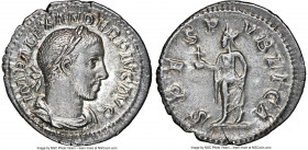 Severus Alexander (AD 222-235). AR denarius (20mm, 2.69 gm, 6h). NGC AU 4/5 - 4/5. Rome, AD 231-235. IMP ALEXANDER PIVS AVG, laureate, draped, and cui...