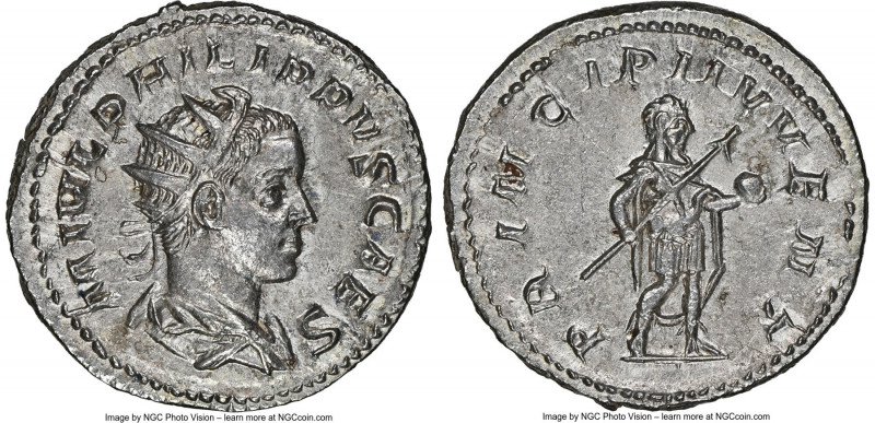 Philip II, as Caesar (AD 247-249). AR antoninianus (23mm, 4.30 gm, 6h). NGC MS 5...