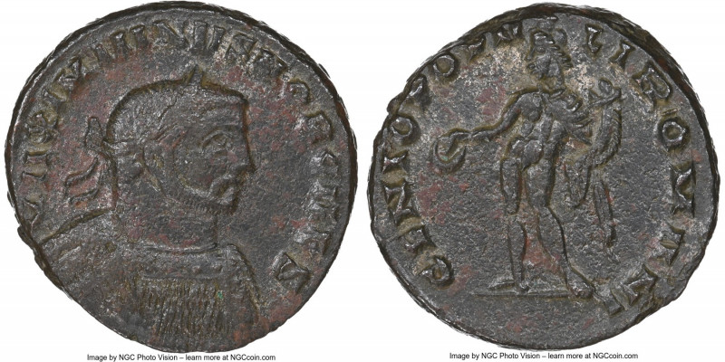 Galerius, as Caesar (AD 305-311). AE follis or BI nummus (25mm, 6h). NGC XF. Lon...