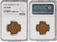 George V 1/2 Penny 1924-(m) AU58 Brown NGC, Melbourne mint, KM22. Chestnut brown with full strike and minimal wear. 

HID09801242017

© 2022 Heritage ...