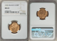 Republic gold "Bazor" 100 Francs 1935 MS63 NGC, Paris mint, KM880. A lovely coin and favored type in choice condition. 

HID09801242017

© 2022 Herita...