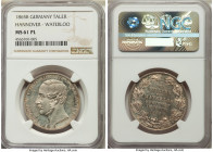 Hannover. Georg V "Waterloo" Taler 1865-B MS61 Prooflike NGC, Hannover mint, KM241. Commemorates 50th anniversary of the battle of Waterloo. 

HID0980...