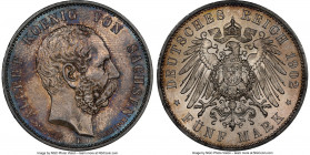 Saxony. Georg 5 Mark 1902-E MS66 NGC, Muldenhutten mint, KM1256, J-128. Death of Albert commemorative. Violet, rose and gold toning with obverse borde...