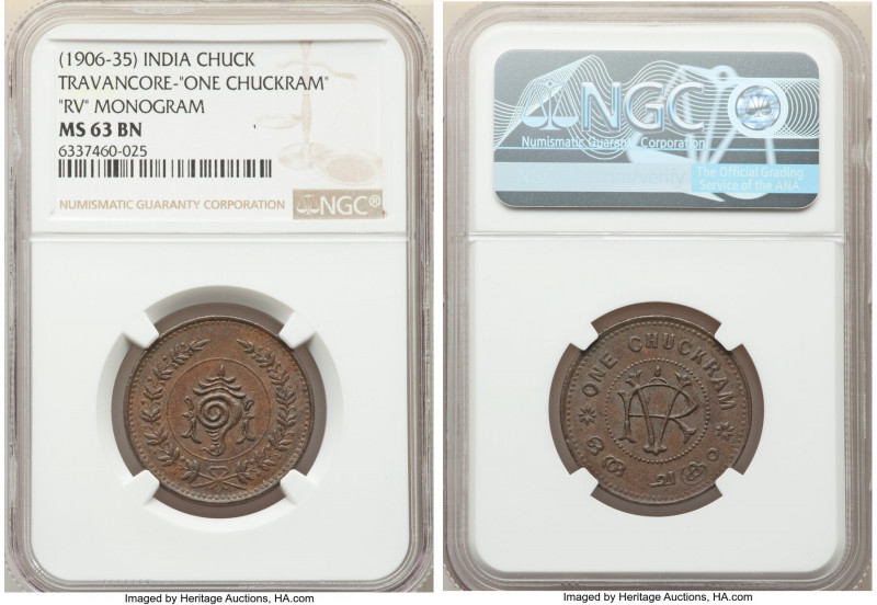 Travancore. Rama Varma VI Chuckram ND (1906-1935) MS63 Brown NGC, KM49, "ONE CHU...