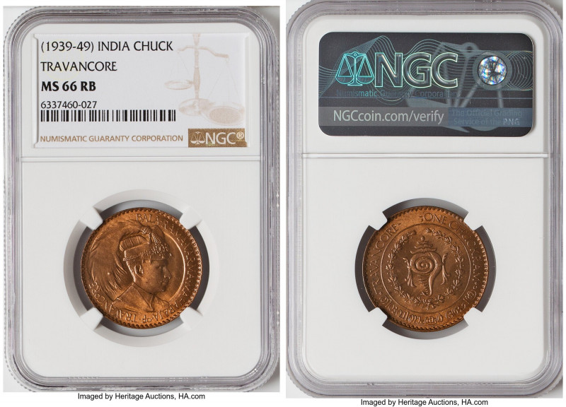 Travancore. Bala Rama Varma II Chuckram ND (1939-1949) MS66 Red and Brown NGC, K...