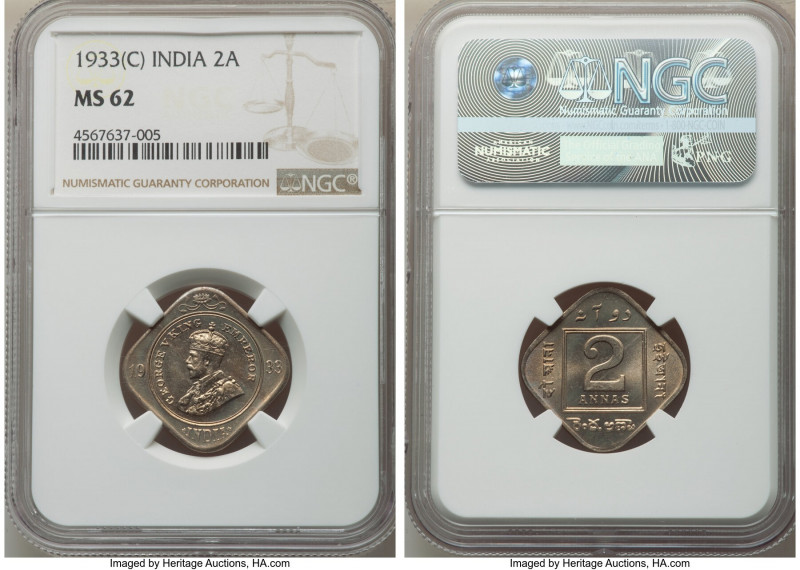 British India. George V 2 Annas 1933-(c) MS62 NGC, Calcutta mint, KM516. Conserv...