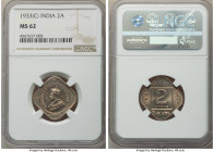 British India. George V 2 Annas 1933-(c) MS62 NGC, Calcutta mint, KM516. Conservatively graded and draped in soft orange tone with whirling cartwheel ...
