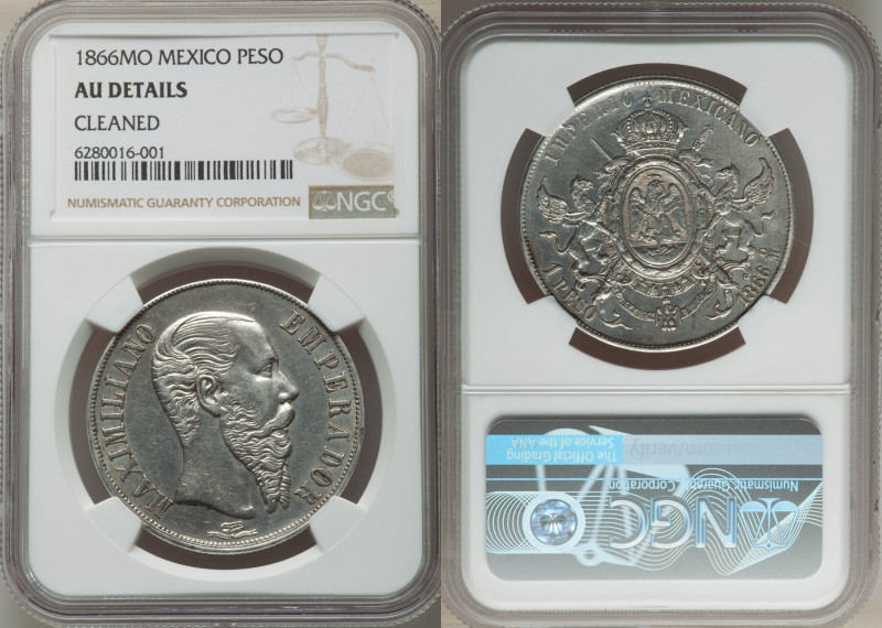 Maximilian Peso 1866-Mo AU Details (Cleaned) NGC, Mexico City mint, KM388.1. 

H...