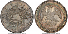 Republic 8 Reales 1879 Go-SM MS65 NGC, Guanajuato mint, KM377.8, DP-Go60. Lustrous surface slightly hidden by a heavy patina of blue-green, gold and r...