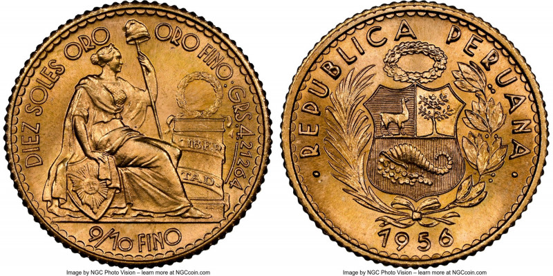Republic gold 10 Soles 1956 MS66 NGC, Lima mint, KM236. Mintage 5,410. First yea...