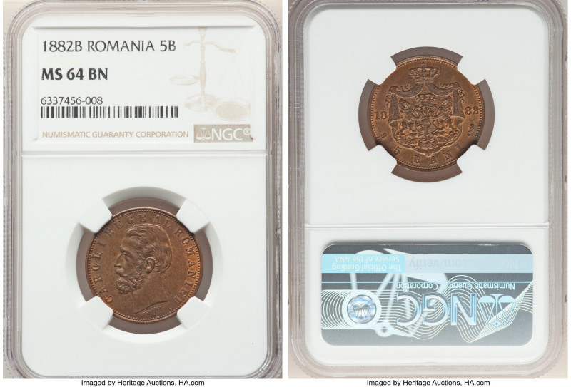 Carol I 5 Bani 1882-B MS64 Brown NGC, Bucharest mint, KM19. Chocolate surfaces w...