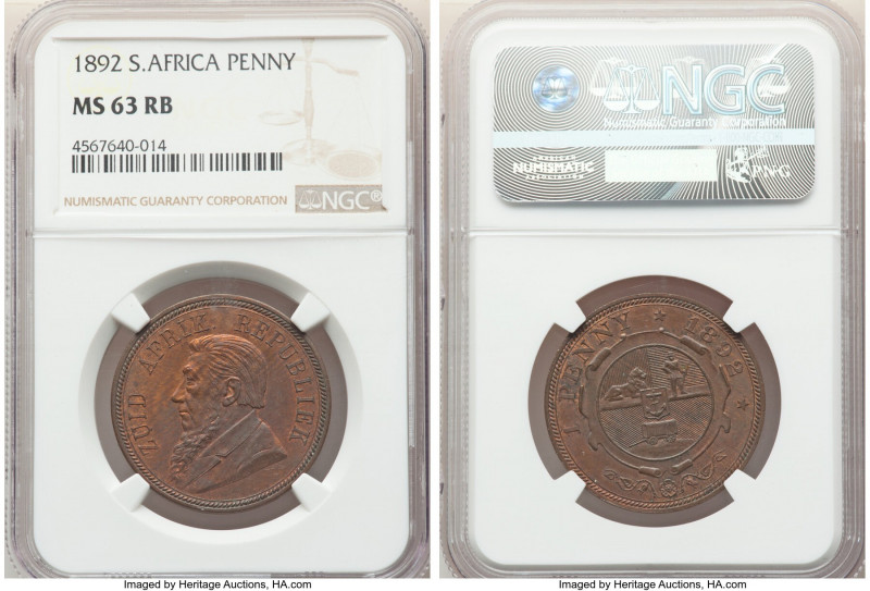 Republic Penny 1892 MS63 Red and Brown NGC, Berlin mint, KM2. Lingering red obve...