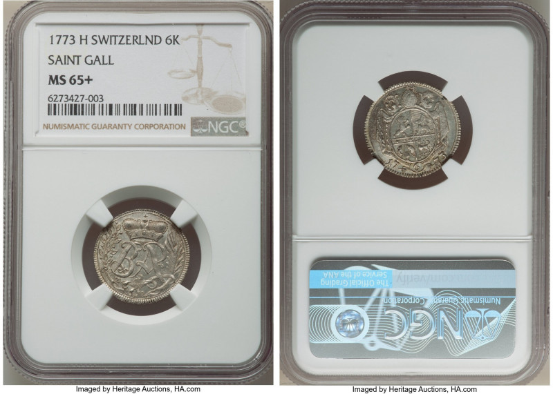 Saint Gallen. Abbot Beda Angehrn 6 Kreuzer 1773-H MS65+ NGC, KM16. Mirrored fiel...