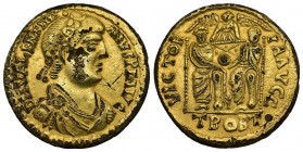(Fourée GOLD 2.93g 20mm) Valentinian II AV Treveri, AD 376-377. 
pearl-diademed, draped and cuirassed 
Rev: two Emperors seated facing, together hol...