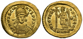 (Gold 22mm) Marcian, 450-457. Solidus Constantinople AV
Helmeted, diademed and cuirassed bust of Marcian facing, holding spear over his right shoulde...