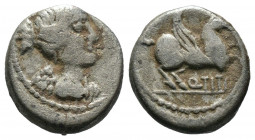 (Silver.2.09g 13mm) Q. Titius. 90 BC. AR Quinarius Rome mint. 
Draped and winged bust of Victory right / Pegasus springing right;