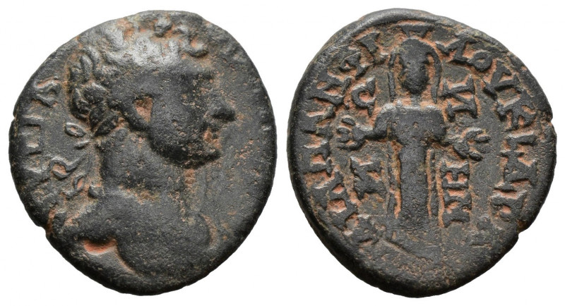 (Bronze, 2.53g 17mm) CARIA. Cidrama. Hadrian (117-138). Ae. 
 Laureate and drap...