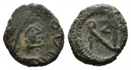(Bronze, 0.88g 10mm) Justinian I. 527-565. Ae. Rome mint. Struck circa 542. 
Diademed, draped, and cuirassed bust right 
Rev.Justinian monogram.