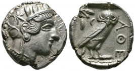 (Silver.17.16. 25 mm) ATTICA. Athens. Tetradrachm (Circa 454-404 BC). AR
Helmeted head of Athena right, with frontal eye.
Rev: AΘE./ Owl standing ri...