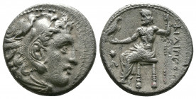 (Silver.4.11g 17mm) Kingdom of Macedon, Alexander III 'the Great' AR Drachm. circa 318-301 BC.
Head of Herakles right, wearing lion's skin
Rev: Zeus...