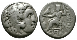 (Silver.4.07g 16mm) Kingdom of Macedon, Alexander III 'the Great' AR Drachm. circa 318-301 BC.
Head of Herakles right, wearing lion's skin
Rev: Zeus...