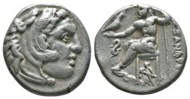 (Silver.4.15g 18mm) Kingdom of Macedon, Alexander III 'the Great' AR Drachm. circa 318-301 BC.
Head of Herakles right, wearing lion's skin
Rev: Zeus...