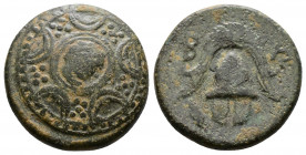 (Bronze.4.32g 18mm) KINGS OF MACEDON. Philip III Arrhidaios (323-317 BC). Ae Unit.
Macedonian shield, with facing gorgoneion on boss.
Rev:Helmet;