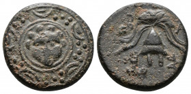 (Bronze.3.68g 17mm) KINGS OF MACEDON. Philip III Arrhidaios (323-317 BC). Ae Unit.
Macedonian shield, with facing gorgoneion on boss.
Rev:Helmet;