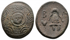 (Bronze.3.85g 17mm) KINGS OF MACEDON. Philip III Arrhidaios (323-317 BC). Ae Unit.
Macedonian shield, with facing gorgoneion on boss.
Rev:Helmet;