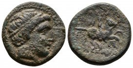 (Bronze.4.78g 19mm) KINGS OF MACEDON. Philip II, 359-336 BC. AE Uncertain mint in Macedonia. 
Diademed head of Apollo toright / Youth on horseback to...