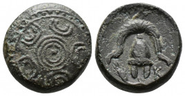 (Bronze.4.14g 15mm) KINGS OF MACEDON. Philip III Arrhidaios (323-317 BC). Ae Unit.
Macedonian shield, 
Rev:Helmet;