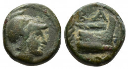 (Bronze.1.80g 12mm) Macedonian Kingdom. Demetrios I Poliorketes. 306-283 B.C. AE unit
 Head of Athena right in crested Corinthian helmet / prow right...