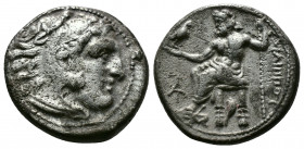 (Silver. 4.09g 18mm) Kings of Macedon. Alexander III \"the Great\"""" 336-323 BC. Drachm AR
Head of Herakles right, wearing lion skin.
Rev: Zeus sea...