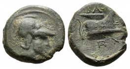 (Bronze.1.74g 13mm) KINGS of MACEDON. Demetrios I Poliorketes. 306-283 BC
 Helmeted male head right / Prow right;