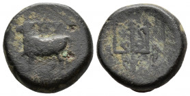 (Bronze.5.05g 17mm) THRACE. Byzantion. Ae (4th-3rd centuries BC).
Bull, raising foreleg, standing left on dolphin left.
Rev: Ornate trident head; do...