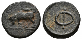 (Bronze.1.76g 14mm) Phliasia. Phlious 400-360 BC. Chalkous AE
Bull butting left
Rev: Φ.