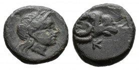 (Bronze. 0.89g 10mm) TROAS. Kebren. Ae (Circa 387-310 BC).
Laureate head of Apollo right.
Rev: Head of ram right;