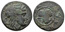 (Bronze.4.00g 19mm) Aiolis, Temnos 3rd-2nd century BC. 
Head of Dionysos to left, wearing ivy wreath
Rev: Grape bunch, all within vine wreath