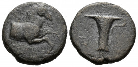 (Bronze.3.74g 17mm) ) AEOLIS. Kyme. Ae (Circa 350-250 BC).
Forepart of horse right.
Rev:Skyphos; monogram in left field.