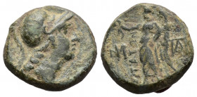 (Bronze.3.64g 16mm) Aiolis. Aigai 200-100 BC.
Helmeted head of Athena right 
Rev: Nike advancing left, holding wreath and palm;