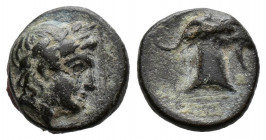 (Bronze.1.08g 10mm) AEOLIS. Aigai. (Circa 4th-3rd centuries BC). Ae.
Laureate head of Apollo right.
Rev: Head of goat right.