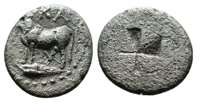 (Silver.1.06g 12mm) Kalchedon, Bithynia. AR 386-340 BC.
bull standing left on e...