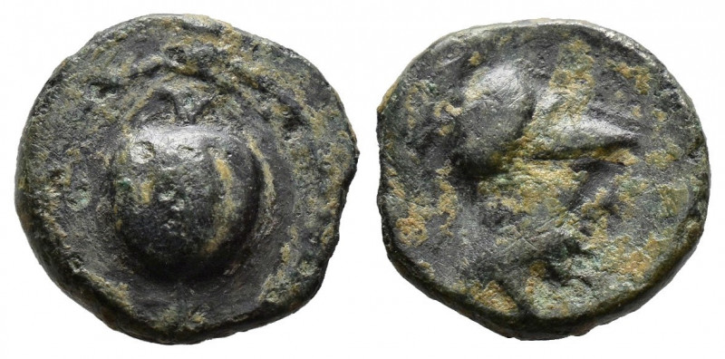 (Bronze.1.21g 12mm) Pamphylia, Side 200-27 BC.
Head of Athena to right, wearing...