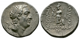 (Silver. 4.08g 18mm) KINGS OF CAPPADOCIA. Ariobarzanes I Philoromaios (95-63 BC). AR Drachm
Diademed head right.
Rev: Athena standing left, holding ...