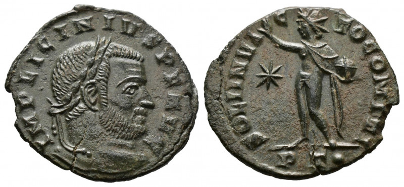 (Bronze, 2.30g 20mm) Licinius I (308-324) - AeFollis Ticinum 
Laureate head rig...