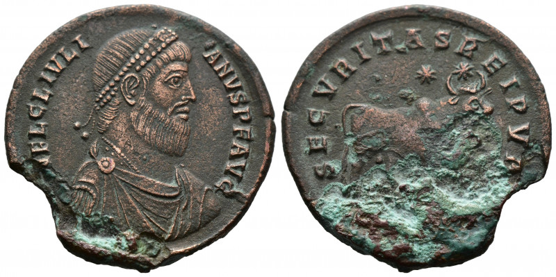 (Bronze, 7.77g 30mm) JULIAN II APOSTATA (360-363). 
Pearl-diademed, draped and ...