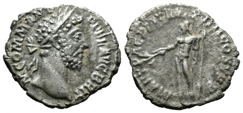 (Silver, 2.32g 19mm) Commodus AR Denarius. Rome, AD 189. 
 laureate head right ...