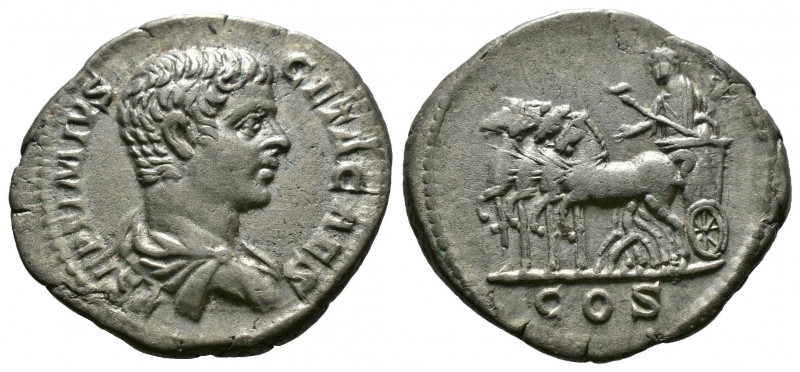 (Silver. 3.40g 21mm) Geta, as Caesar, AR Denarius. Rome, AD 203-208.
bare heade...