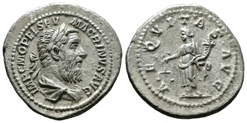 (Silver, 3.94g 22mm) Macrinus, 217-218. Denarius, Rome. 
 Laureate and draped b...